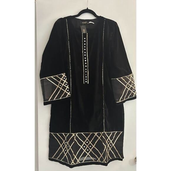 NWT Beejays Pret Pakistani Tunic Dress Women's Black Velvet Embellished - Picture 2 of 9